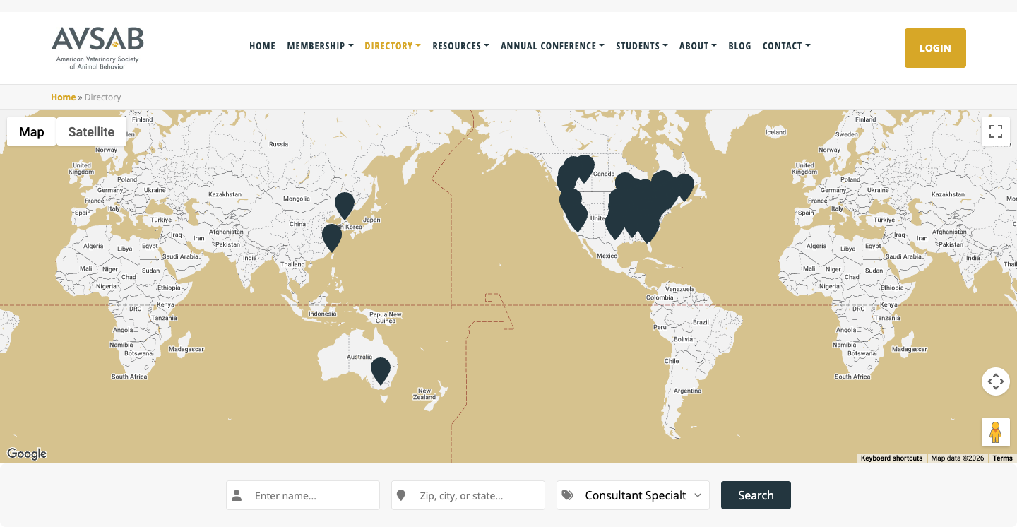 The AVSAB public directory, with a world map of member locations above search fields for name, place, and consultant specialty