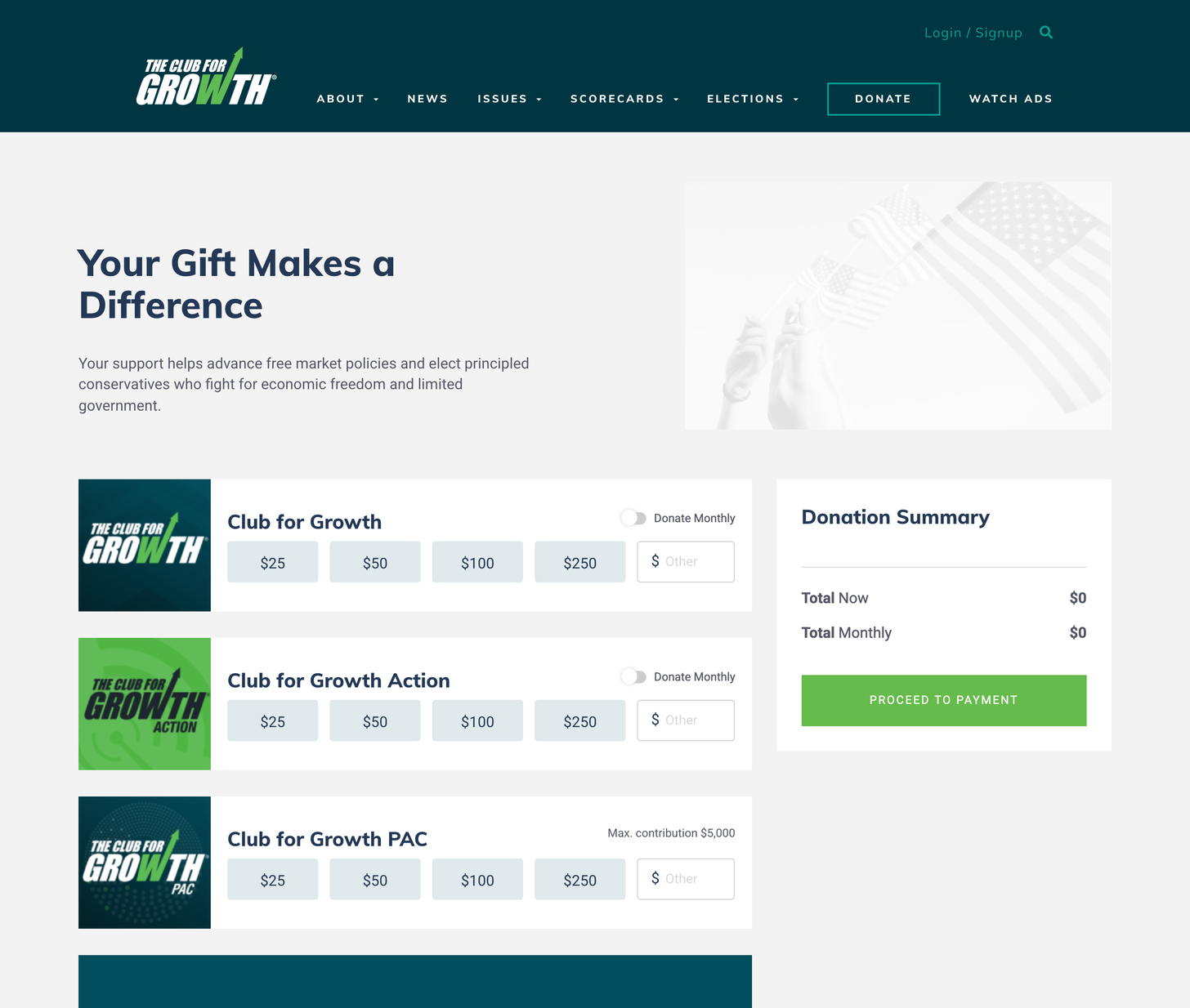 Redesigned Club for Growth donation page showing three entity giving options - Club for Growth, Club for Growth Action, and Club for Growth PAC - each with preset amounts and a Donate Monthly toggle, alongside a live Donation Summary cart