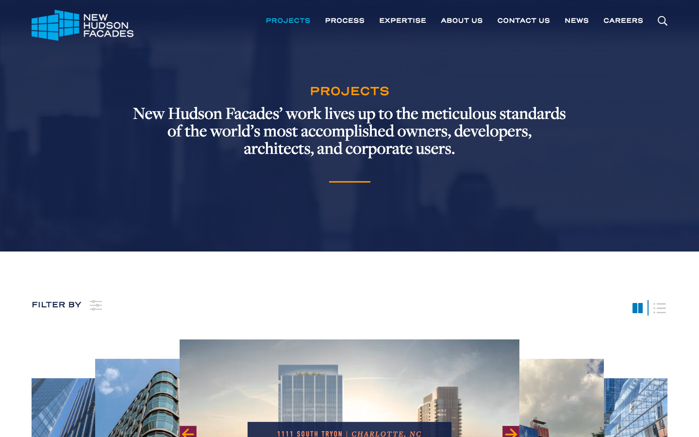 The New Hudson Facades projects page, with a filter control above a row of large project photographs