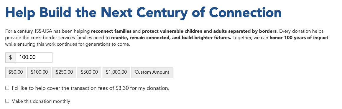The giving form on the ISS-USA website, with suggested amounts, an option to cover fees, and an option to give monthly