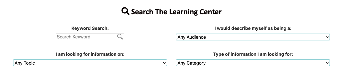 The Learning Center filters for audience, topic, and format above a short list of results