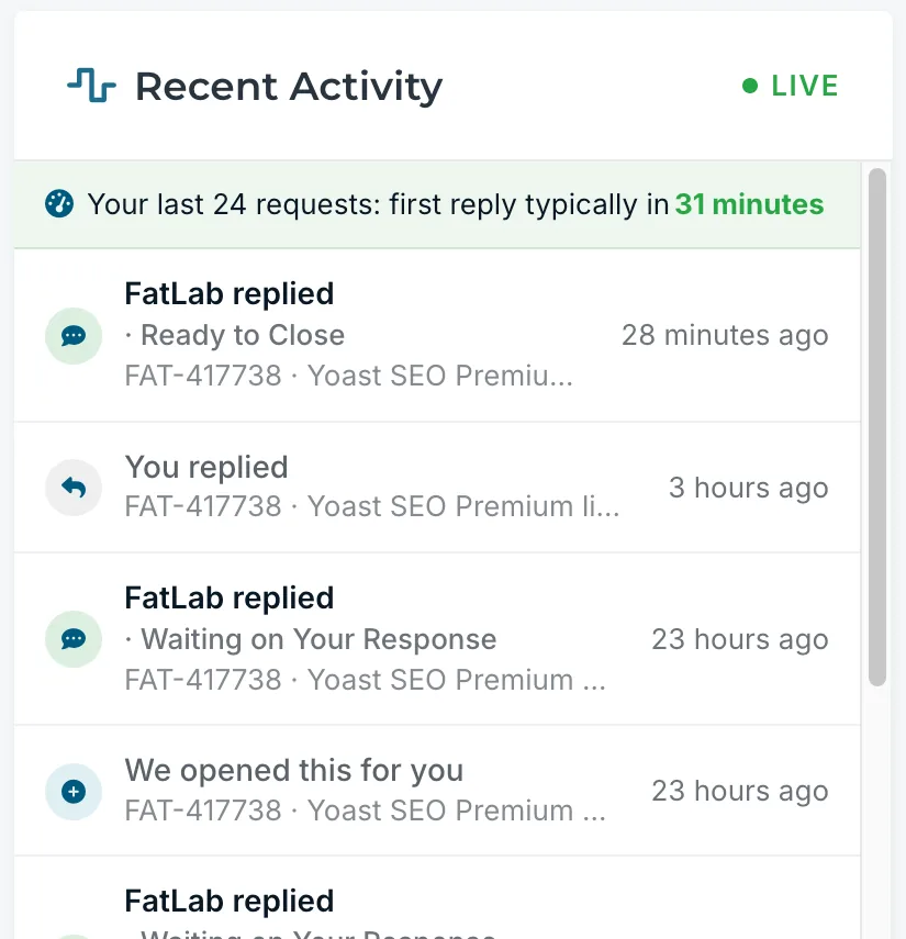 The recent activity feed in the DogHouse portal, listing replies and status changes on a client's support requests