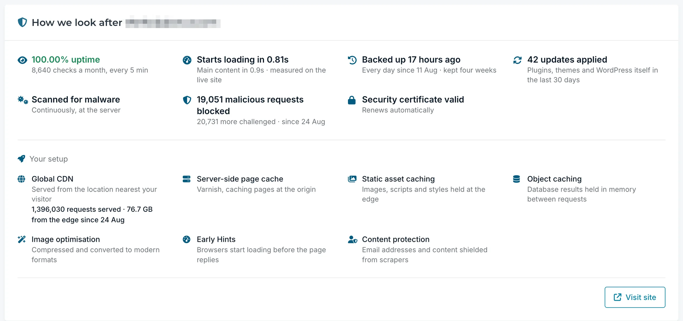 The site care record in the DogHouse portal: uptime checks, load time, backups, updates applied, malware scanning, threats blocked and the delivery stack