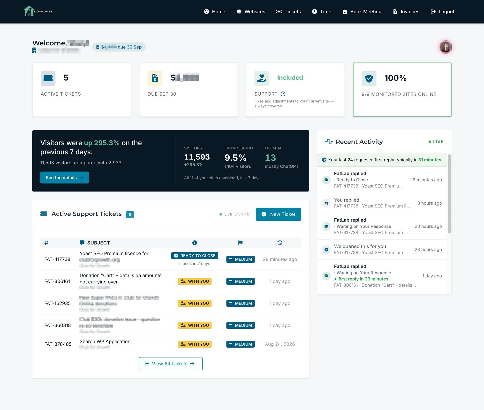 The DogHouse client portal dashboard, showing active tickets, the amount due, support status, site uptime, a traffic summary and a live activity feed