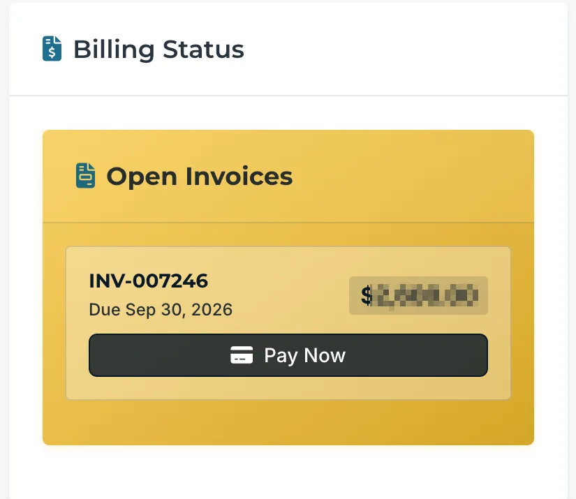 The billing status panel in the DogHouse portal, showing an open invoice with its due date and a Pay Now button