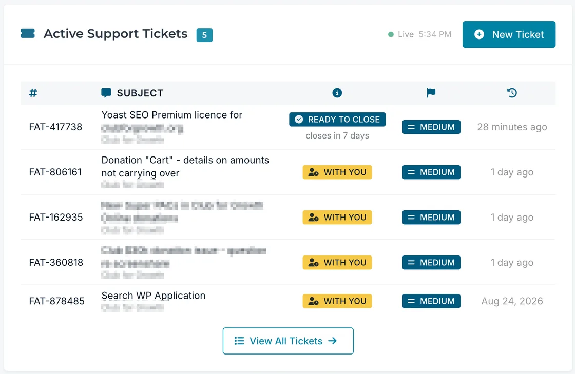 The active support tickets list in the DogHouse portal, each row showing a status such as With You or Ready to Close